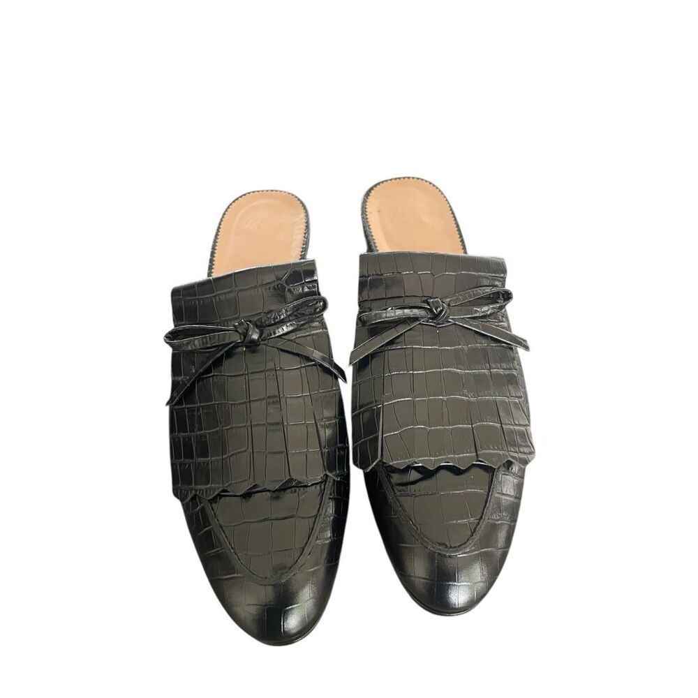 JCrew Leather Croc Embossed Slip on Mule Black Tassel size 8